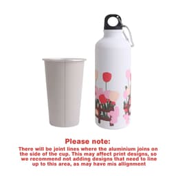 A drink bottle and a cup, featuring a white aluminium bottle with a floral print and a plain metallic cup.