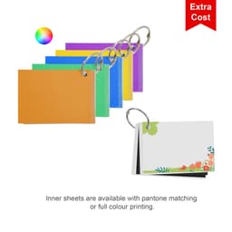 A7 pearlescent index cards in orange, purple, green, blue, and yellow, held together by a metal ring.