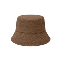 A brown dual-material reversible bucket hat with a textured surface and a wide brim. It features a logo.