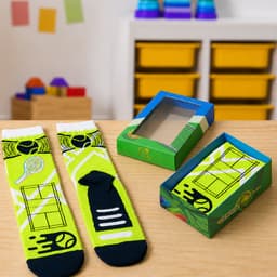 A pair of vibrant green socks with sports motifs in a colourful custom gift box with a windowed removable lid.