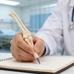 A knee joint bone pen in a hand, writing in a notebook. The pen is cream with detailed bone structure.