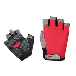 Anti-slip bike gloves in red, grey, and black with padded palms and an ergonomic design, featuring a logo.