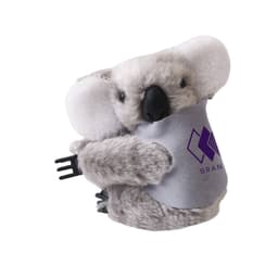 A grey koala plush toy with a pouch and a branding logo, featuring soft fabric and round ears.