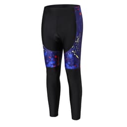 Men's sublimated cycling tights in black with blue and multi-coloured splatter details, featuring a logo.