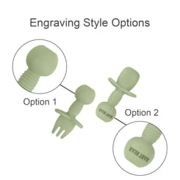 Silicone kids cutlery set in light green, featuring options for fork and spoon styles with an engraving style.
