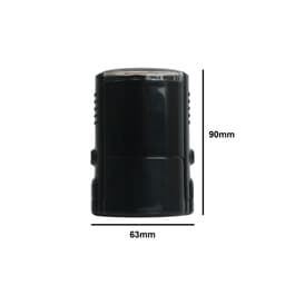 A black self-inking stamp with a clear top, measuring 90mm in height and 63mm in diameter.