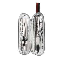 A stainless steel flatware set featuring seven pieces, neatly arranged inside a silver carrying case.