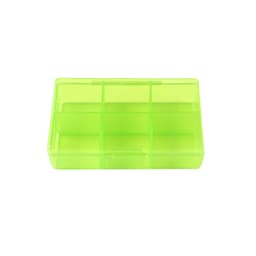 A square, translucent green pill box with six compartments and a secure closing mechanism.