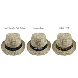 A breathable woven straw hat in beige with different band designs. Each hat features a logo on the band.