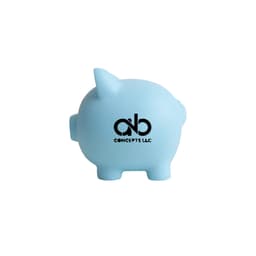 A blue PVC piggy coin bank with a simple design and a branding logo on the side.