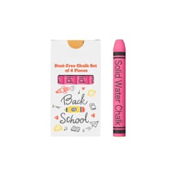 A dust-free chalk set featuring four pink sticks, packaged in a white box with illustrations and a logo.