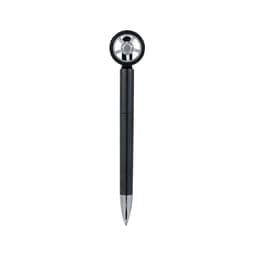 A black pen featuring a fidget spinner design shaped like a tyre, with a silver tip and a logo on the body.