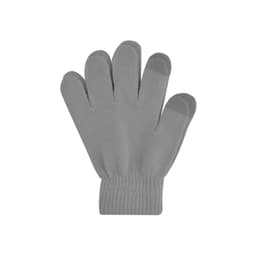 Plain grey knitted gloves featuring a woven label. The gloves have five finger compartments and a ribbed cuff.