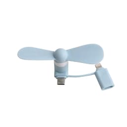 A light blue 2 in 1 smartphone fan with a USB-C connector and adapter for easy attachment to devices.