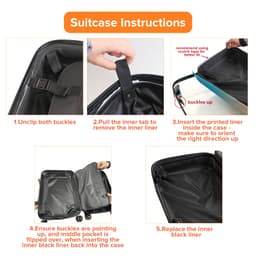 A suitcase interior with a removable inner liner, featuring black material and buckles. Instructions for use are visible.
