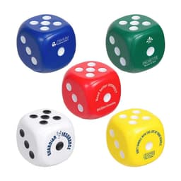 A collection of five colourful foam dice in red, blue, yellow, green, and white, featuring various logos.