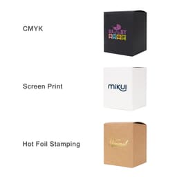A large square gift box in black, white, and kraft brown, featuring various printing techniques and logos.