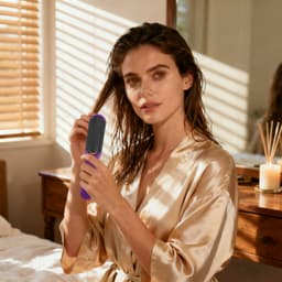 A folding hair brush with a mirror, featuring a purple handle, held by a woman in a satin robe.