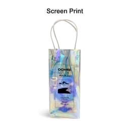 A PVC wine ice bag in iridescent colours with a logo and two handles.