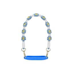 A drink bottle strap in blue with woven flowers in white and yellow, featuring metal clips for attachment.