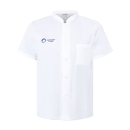 A white short-sleeved chef jacket with a single-breasted design and a pocket. It features a logo on the chest.