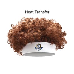 A brown curly Afro headband wig with a white band and a logo.