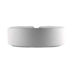 A round white tablet-shaped stress reliever with a smooth surface and a slight indentation.