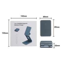 A grey, foldable wireless charger stand is displayed next to its packaging, showcasing dimensions and design.