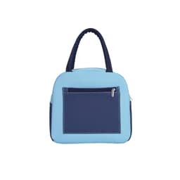 A colourful insulated lunch bag in light blue and navy, featuring a front zip pocket and sturdy handles.