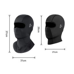 A breathable balaclava cycling face mask in black, featuring a seamless design and a logo. Measurements are included.