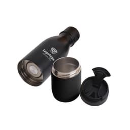 A drink bottle featuring a black stainless steel design with a detachable lid and inner cup, branded with a logo.