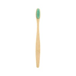 A large bamboo toothbrush with a wooden handle and a turquoise bristle head, displaying a simple logo.