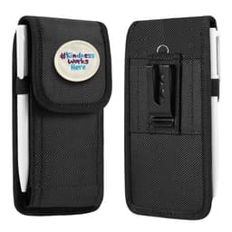 A black phone pouch with a belt clip and a circular badge featuring a logo.