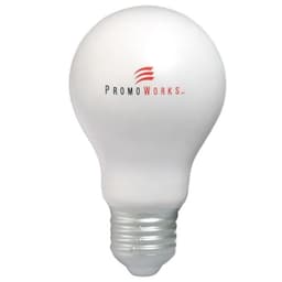 A white bulb-shaped stress reliever with a metal base and a logo on the surface.