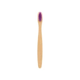 A small bamboo toothbrush with a purple bristle head and a light bamboo handle, featuring a simple design.