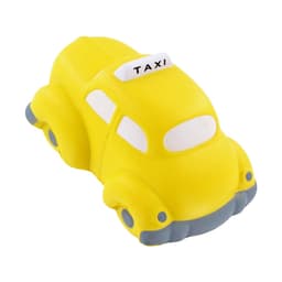 A yellow taxi-shaped stress reliever with a grey base and a taxi sign on top. Features a simple, playful design.