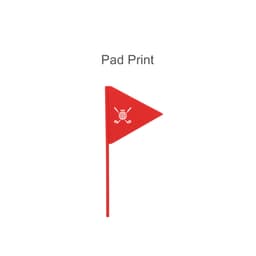 A red golf putting green flag with a simple design featuring crossed golf clubs and a ball.