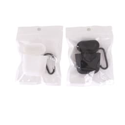 A silicone protection case for AirPods in white and black, packaged with a carabiner for secure attachment.