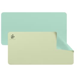 A PU leather desk mat featuring a mint green and pale green colour scheme, with a logo on one side.