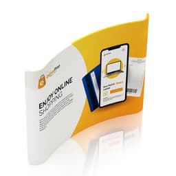 Curved tension fabric display wall in yellow and white, featuring a digital shopping theme and a logo.