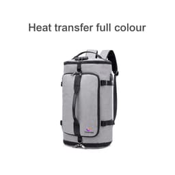 A grey convertible bucket backpack duffel bag with multiple compartments and a logo displayed on the front.