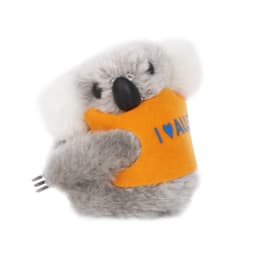 A grey koala plush toy wearing an orange felt vest with blue text, showcasing its cute features.