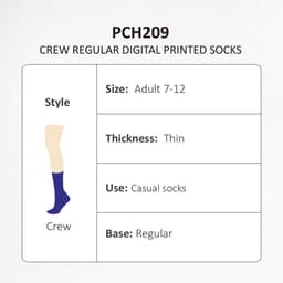 Crew Regular Digital Printed Socks in blue, suitable for adults sized 7-12, featuring a thin and regular design.