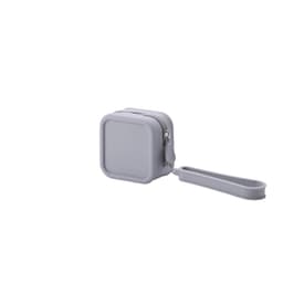 A square, grey silicone coin pouch with a zip closure and a handy wrist strap.