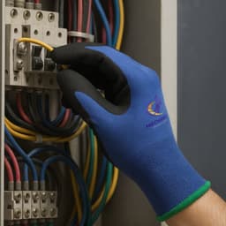 A pair of frosted blue insulating gloves with a black gripping surface is seen near electrical wiring.