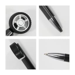A Fidget Spin Tire Shape Pen featuring a black tyre design and a shiny silver pen tip. Includes a logo on the pen.