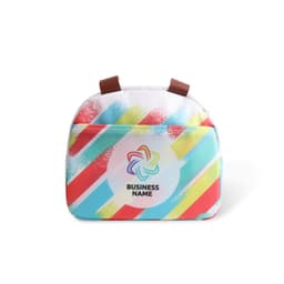 A colourful waterproof cooler bag with a striped design, featuring a logo on the front.