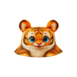 A bucket hat featuring a tiger design with vibrant orange and yellow colours and playful animal ears on top.