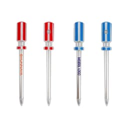 A set of ballpoint pens shaped like screwdrivers in red and blue, featuring a logo on one pen.