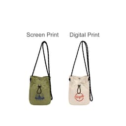 A lightweight shoulder phone bag in olive green and cream, featuring adjustable straps and a logo.